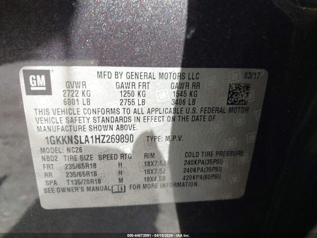 44872091 :رقم المزاد ، 1GKKNSLA1HZ269890 vin ، 2017 Gmc Acadia Sle-2 مزاد بيع