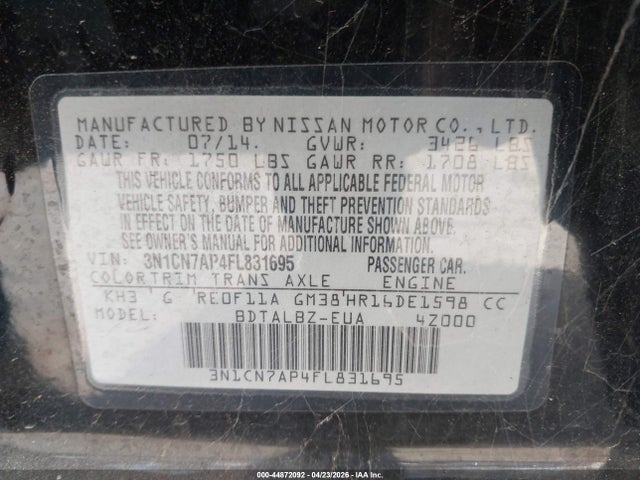 44872092 :رقم المزاد ، 3N1CN7AP4FL831695 vin ، 2015 Nissan Versa 1.6 Sv مزاد بيع