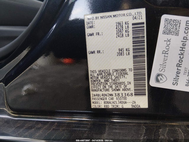 Продаж на аукціоні авто 2021 Nissan Altima Sv Fwd, vin: 1N4BL4DV2MN383368, номер лоту: 44872097