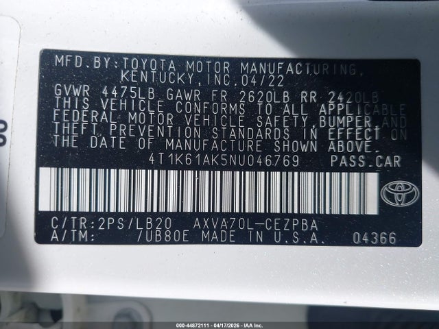 Продажа на аукционе авто 2022 Toyota Camry Xse, vin: 4T1K61AK5NU046769, номер лота: 44872111