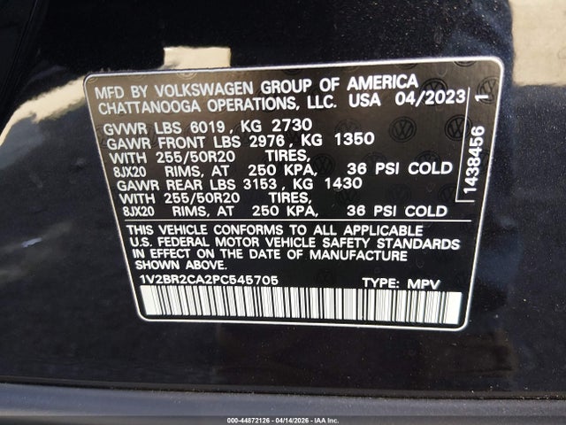 Aukcja sprzedaży 2023 Volkswagen Atlas 3.6l V6 Sel, vin: 1V2BR2CA2PC545705, numer aukcji: 44872126