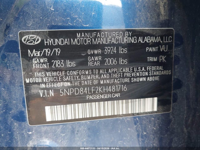 2019 Hyundai Elantra Value Edition მანქანა იყიდება აუქციონზე, vin: 5NPD84LF2KH481716, აუქციონის ნომერი: 44872133