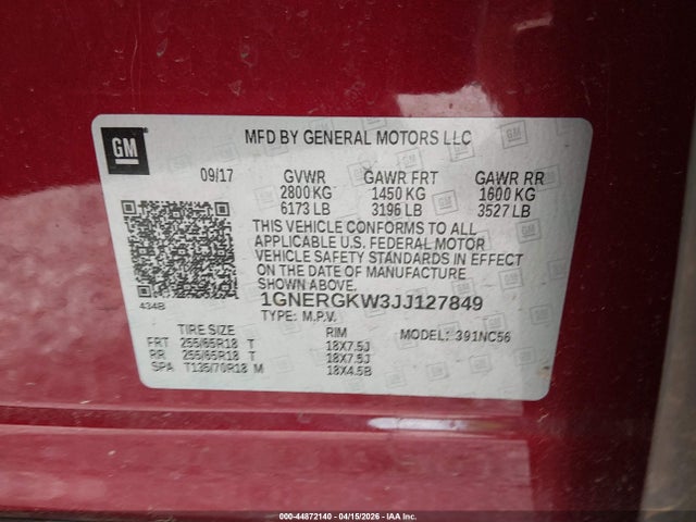 Chevrolet Traverse 1lt 2018 1GNERGKW3JJ127849 Image 9