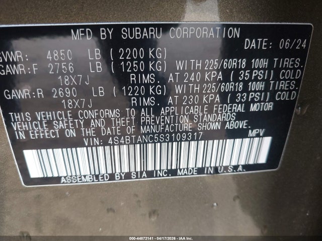 2025 Subaru Outback Limited მანქანა იყიდება აუქციონზე, vin: 4S4BTANC5S3109317, აუქციონის ნომერი: 44872141
