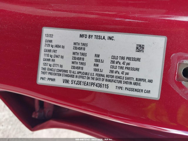 Aukcja sprzedaży 2023 Tesla Model 3 Rear-wheel Drive, vin: 5YJ3E1EA1PF436115, numer aukcji: 44872142