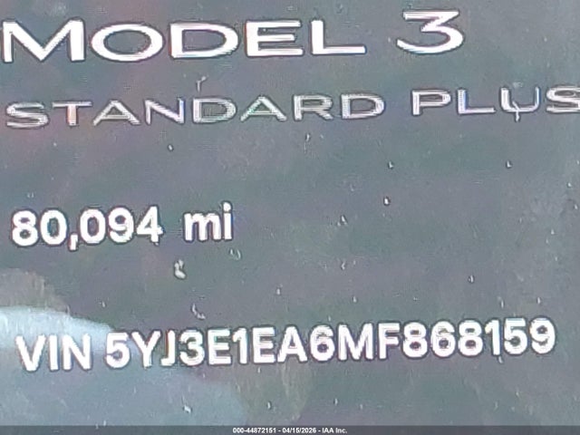 44872151 :رقم المزاد ، 5YJ3E1EA6MF868159 vin ، 2021 Tesla Model 3 Standard Range Plus Rear-wheel Drive مزاد بيع