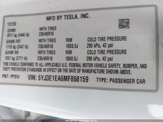 44872151 :رقم المزاد ، 5YJ3E1EA6MF868159 vin ، 2021 Tesla Model 3 Standard Range Plus Rear-wheel Drive مزاد بيع