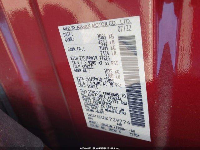 44872157 :رقم المزاد ، 5N1BT3BA2NC726774 vin ، 2022 Nissan Rogue Sv Fwd مزاد بيع