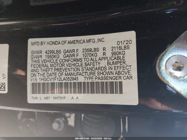 44872168 :رقم المزاد ، 1HGCV1F12LA052945 vin ، 2020 Honda Accord Lx مزاد بيع