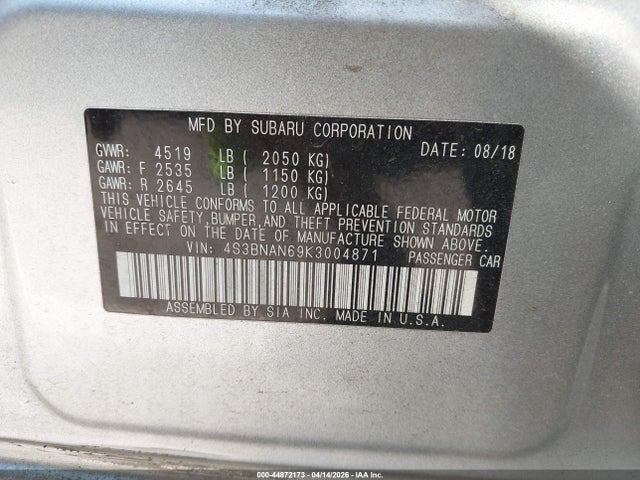 2019 Subaru Legacy 2.5i Limited მანქანა იყიდება აუქციონზე, vin: 4S3BNAN69K3004871, აუქციონის ნომერი: 44872173