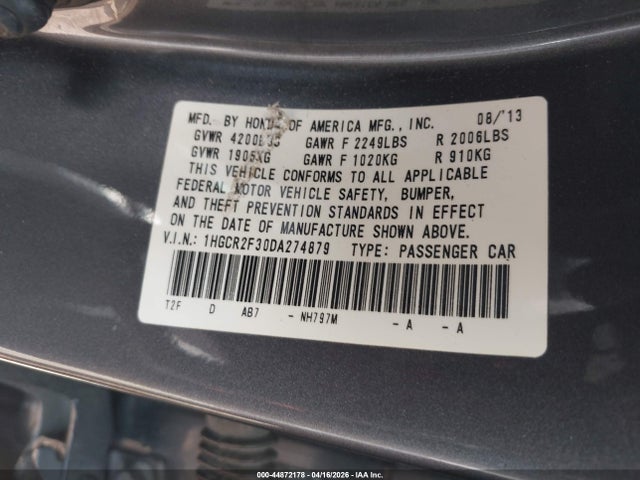 Продаж на аукціоні авто 2013 Honda Accord Lx, vin: 1HGCR2F30DA274879, номер лоту: 44872178
