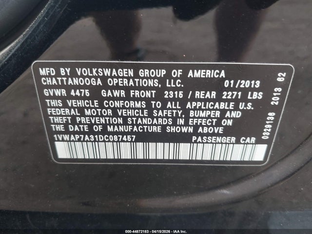 Продаж на аукціоні авто 2013 Volkswagen Passat S, vin: 1VWAP7A31DC087457, номер лоту: 44872183