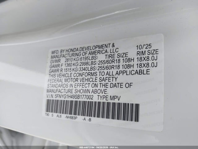 Продажа на аукционе авто 2025 Honda Pilot Ex-l, vin: 5FNYG1H49SB177002, номер лота: 44872194