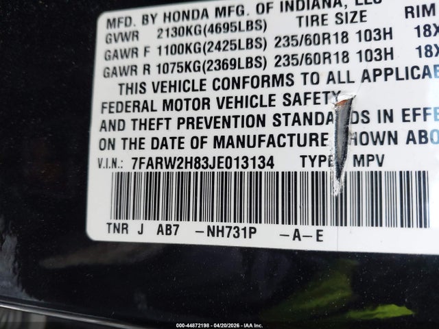 Aukcja sprzedaży 2018 Honda Cr-v Ex-l/ex-l Navi, vin: 7FARW2H83JE013134, numer aukcji: 44872198