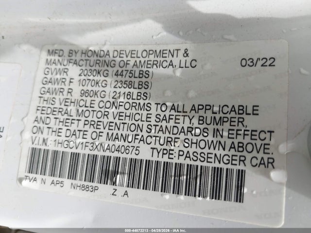 Продаж на аукціоні авто 2022 Honda Accord Sport, vin: 1HGCV1F3XNA040675, номер лоту: 44872213