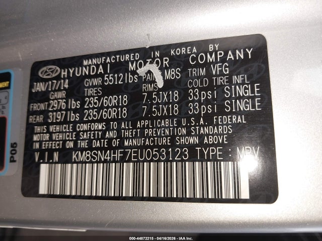 Aukcja sprzedaży 2014 Hyundai Santa Fe Limited, vin: KM8SN4HF7EU053123, numer aukcji: 44872215