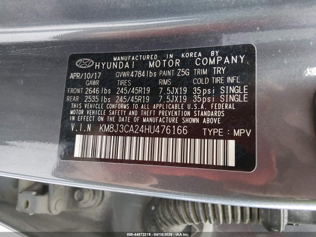 44872219 :رقم المزاد ، KM8J3CA24HU476166 vin ، 2017 Hyundai Tucson Night مزاد بيع