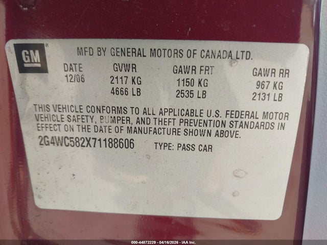 Aukcja sprzedaży 2007 Buick Lacrosse Cx, vin: 2G4WC582X71188606, numer aukcji: 44872229