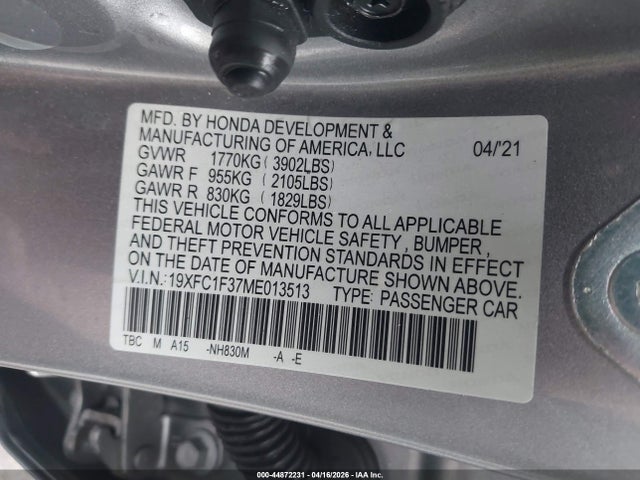 Продаж на аукціоні авто 2021 Honda Civic Ex, vin: 19XFC1F37ME013513, номер лоту: 44872231