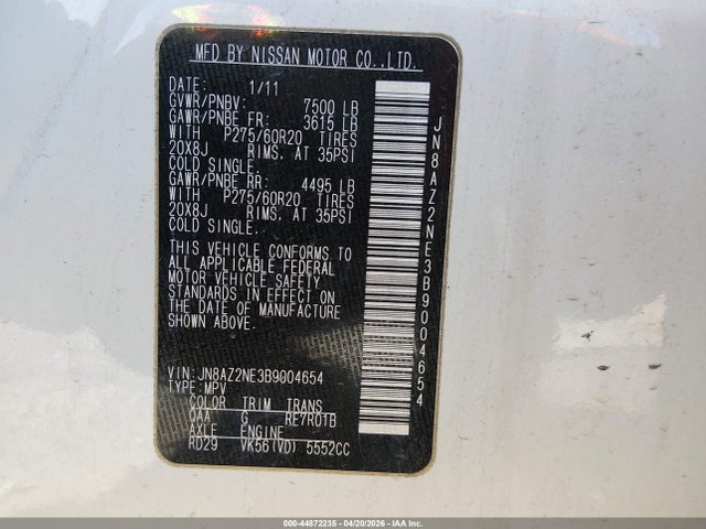 2011 Infiniti Qx56 მანქანა იყიდება აუქციონზე, vin: JN8AZ2NE3B9004654, აუქციონის ნომერი: 44872235