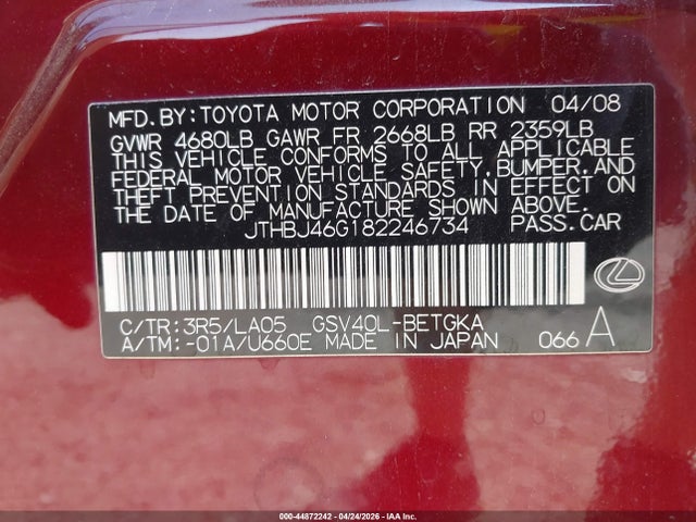 44872242 :رقم المزاد ، JTHBJ46G182246734 vin ، 2008 Lexus Es 350 مزاد بيع