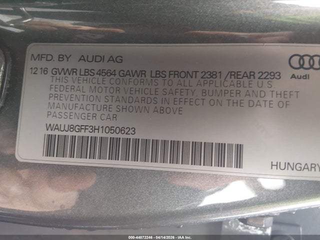 Aukcja sprzedaży 2017 Audi A3 2.0t Premium, vin: WAUJ8GFF3H1050623, numer aukcji: 44872246