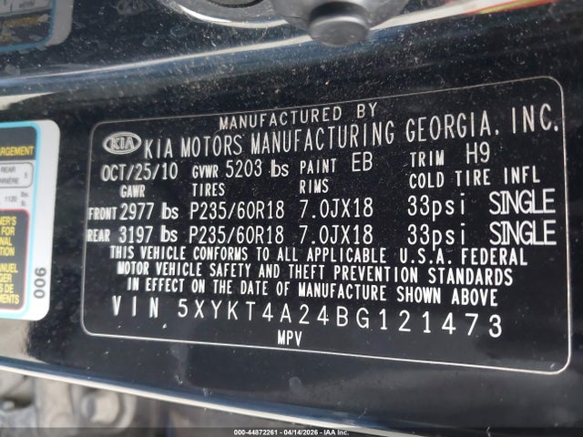 44872261 :رقم المزاد ، 5XYKT4A24BG121473 vin ، 2011 Kia Sorento Lx V6 مزاد بيع