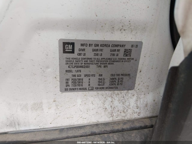 Продажа на аукционе авто 2021 Chevrolet Trax Awd Lt, vin: KL7CJPSBXMB324551, номер лота: 44872265