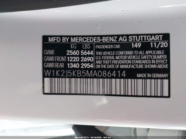 Продаж на аукціоні авто 2021 Mercedes-benz Cls 450 4matic, vin: W1K2J5KB5MA086414, номер лоту: 44872274