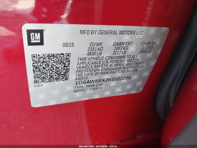44872293 :رقم المزاد ، 1G6AW5SX2K0102285 vin ، 2019 Cadillac Cts Standard مزاد بيع