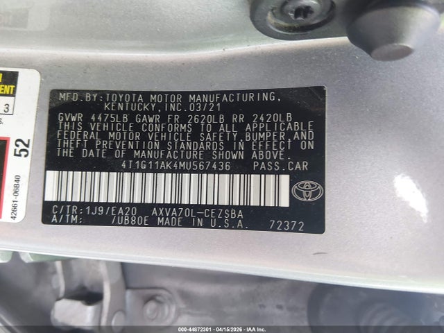 44872301 :رقم المزاد ، 4T1G11AK4MU567436 vin ، 2021 Toyota Camry Se مزاد بيع