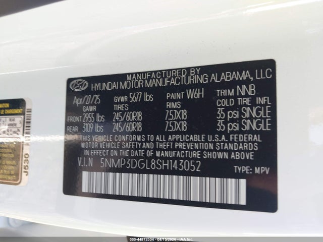 2025 Hyundai Santa Fe Xrt მანქანა იყიდება აუქციონზე, vin: 5NMP3DGL8SH143052, აუქციონის ნომერი: 44872304