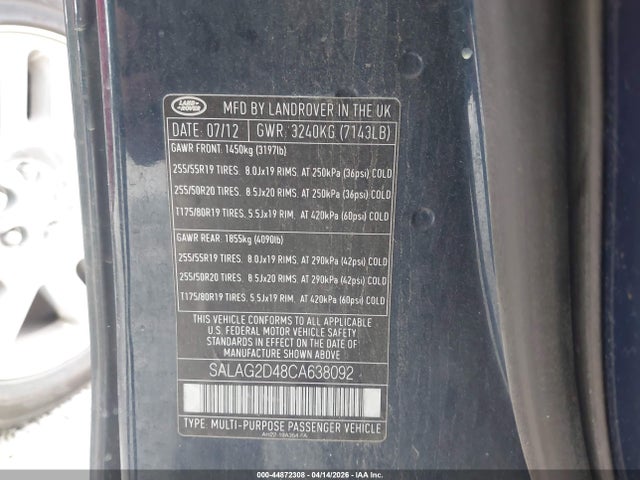 Продажа на аукционе авто 2012 Land Rover Lr4, vin: SALAG2D48CA638092, номер лота: 44872308