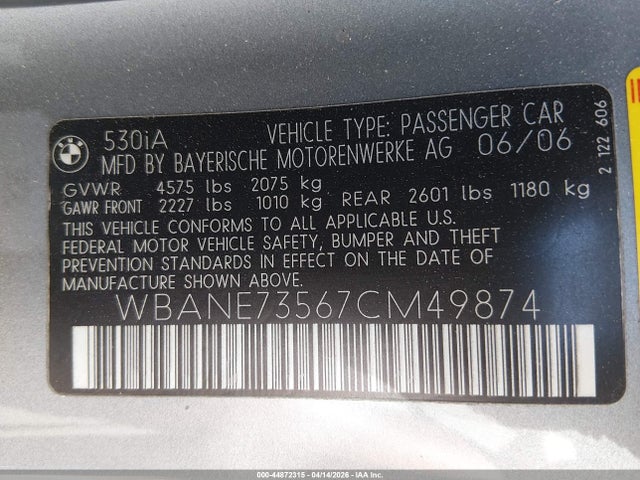 44872315 :رقم المزاد ، WBANE73567CM49874 vin ، 2007 Bmw 530i مزاد بيع