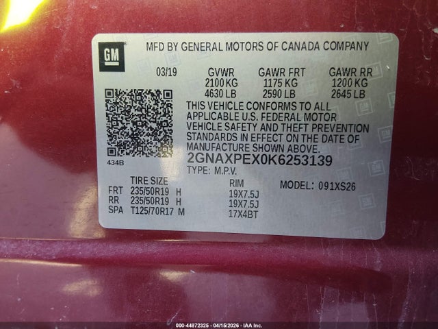 2019 Chevrolet Equinox Premier მანქანა იყიდება აუქციონზე, vin: 2GNAXPEX0K6253139, აუქციონის ნომერი: 44872325