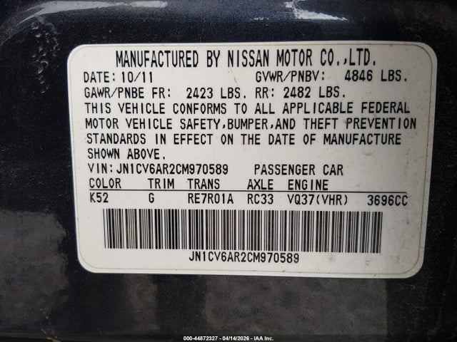 Продаж на аукціоні авто 2012 Infiniti G37x, vin: JN1CV6AR2CM970589, номер лоту: 44872327