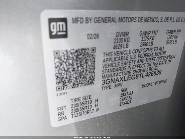 Продажа на аукционе авто 2026 Chevrolet Equinox Fwd Rs, vin: 3GNAXLEG9TL426839, номер лота: 44872335