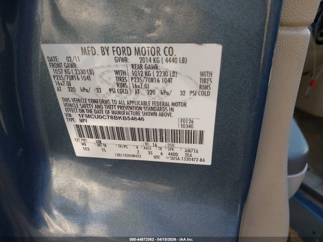 44872362 :رقم المزاد ، 1FMCU0C78BKB54646 vin ، 2011 Ford Escape Xls مزاد بيع