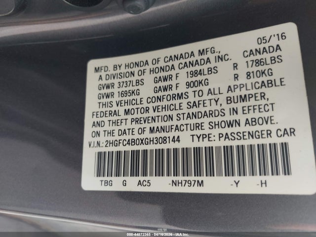 2016 Honda Civic Lx-p მანქანა იყიდება აუქციონზე, vin: 2HGFC4B0XGH308144, აუქციონის ნომერი: 44872365