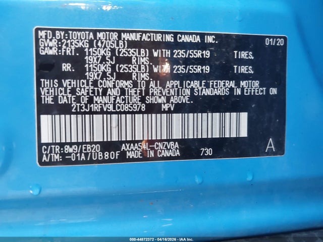 2020 Toyota Rav4 Adventure მანქანა იყიდება აუქციონზე, vin: 2T3J1RFV9LC085978, აუქციონის ნომერი: 44872372