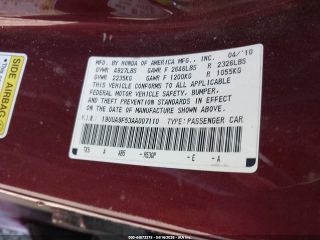 Продаж на аукціоні авто 2010 Acura Tl 3.7, vin: 19UUA9F53AA007110, номер лоту: 44872378