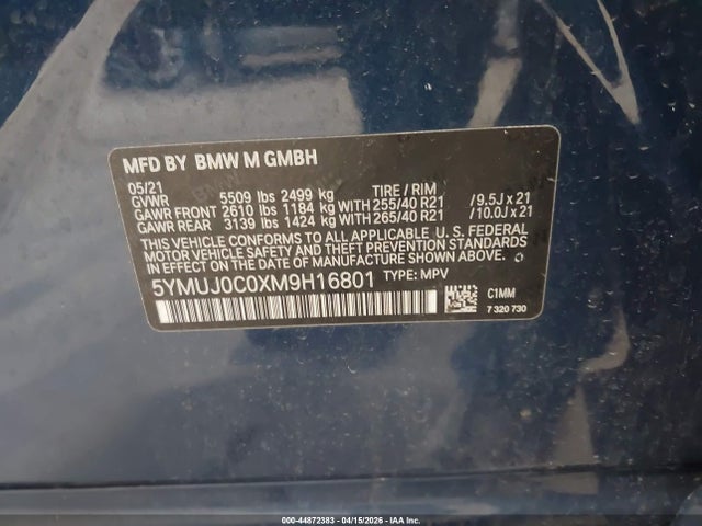 2021 Bmw X4 M მანქანა იყიდება აუქციონზე, vin: 5YMUJ0C0XM9H16801, აუქციონის ნომერი: 44872383