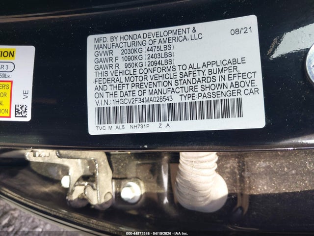 Продаж на аукціоні авто 2021 Honda Accord Sport 2.0t, vin: 1HGCV2F34MA028543, номер лоту: 44872386