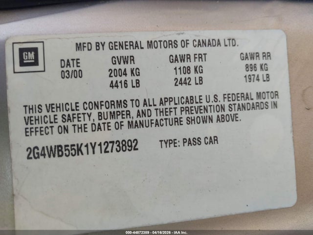 Продажа на аукционе авто 2000 Buick Regal Ls, vin: 2G4WB55K1Y1273892, номер лота: 44872389