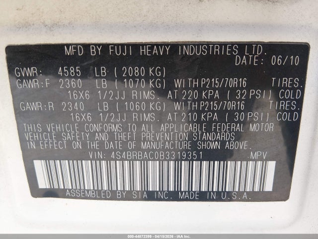 Продаж на аукціоні авто 2011 Subaru Outback 2.5i, vin: 4S4BRBAC0B3319351, номер лоту: 44872399
