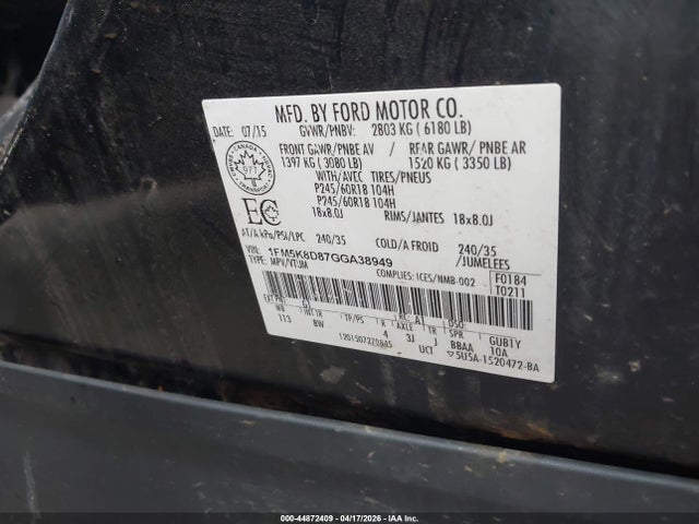 44872409 :رقم المزاد ، 1FM5K8D87GGA38949 vin ، 2016 Ford Explorer Xlt مزاد بيع