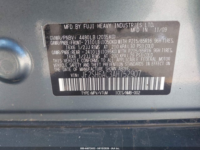 Aukcja sprzedaży 2010 Subaru Forester 2.5x, vin: JF2SH6AC3AH752907, numer aukcji: 44872433