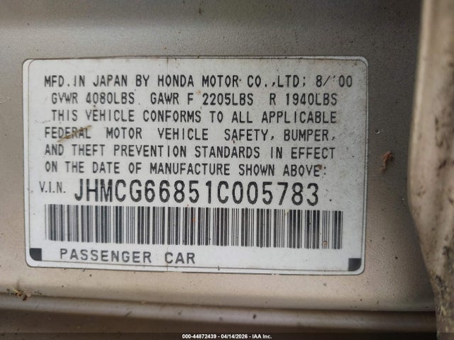 Aukcja sprzedaży 2001 Honda Accord 2.3 Ex, vin: JHMCG66851C005783, numer aukcji: 44872439