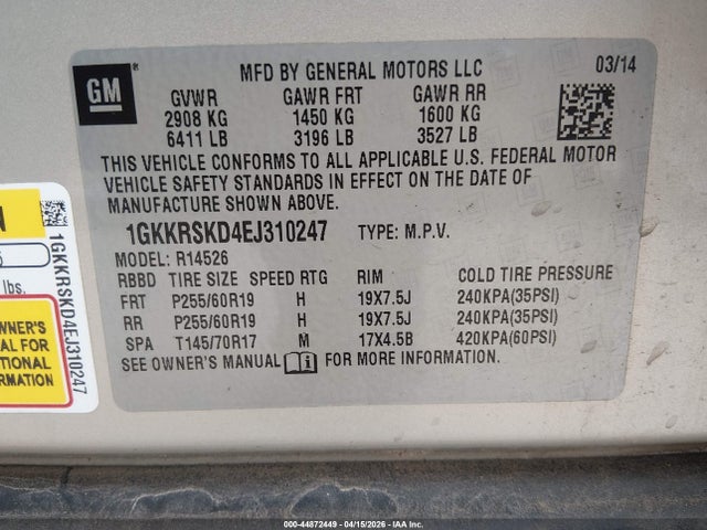 44872449 :رقم المزاد ، 1GKKRSKD4EJ310247 vin ، 2014 Gmc Acadia Slt-2 مزاد بيع