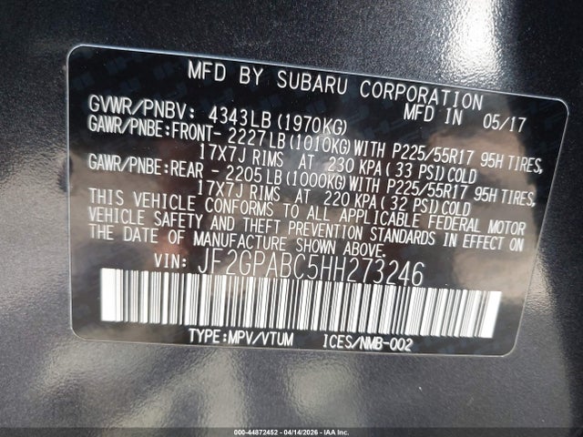 Aukcja sprzedaży 2017 Subaru Crosstrek 2.0i Premium, vin: JF2GPABC5HH273246, numer aukcji: 44872452